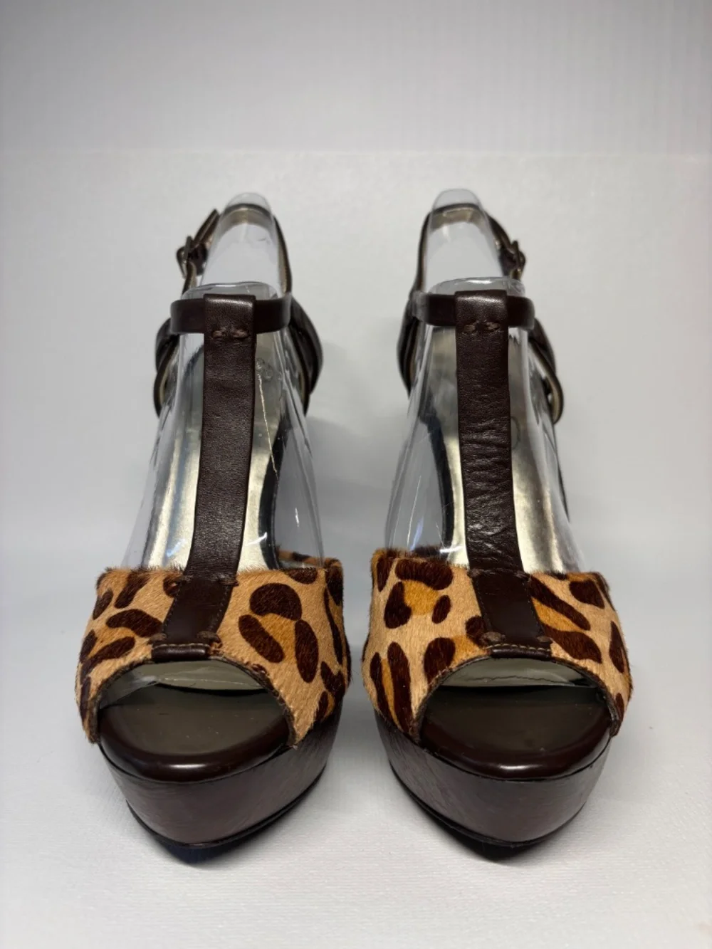 Jessica Simpson Leopard Calf Hair Platform Heels Brown T-Strap Stiletto Size 6.5